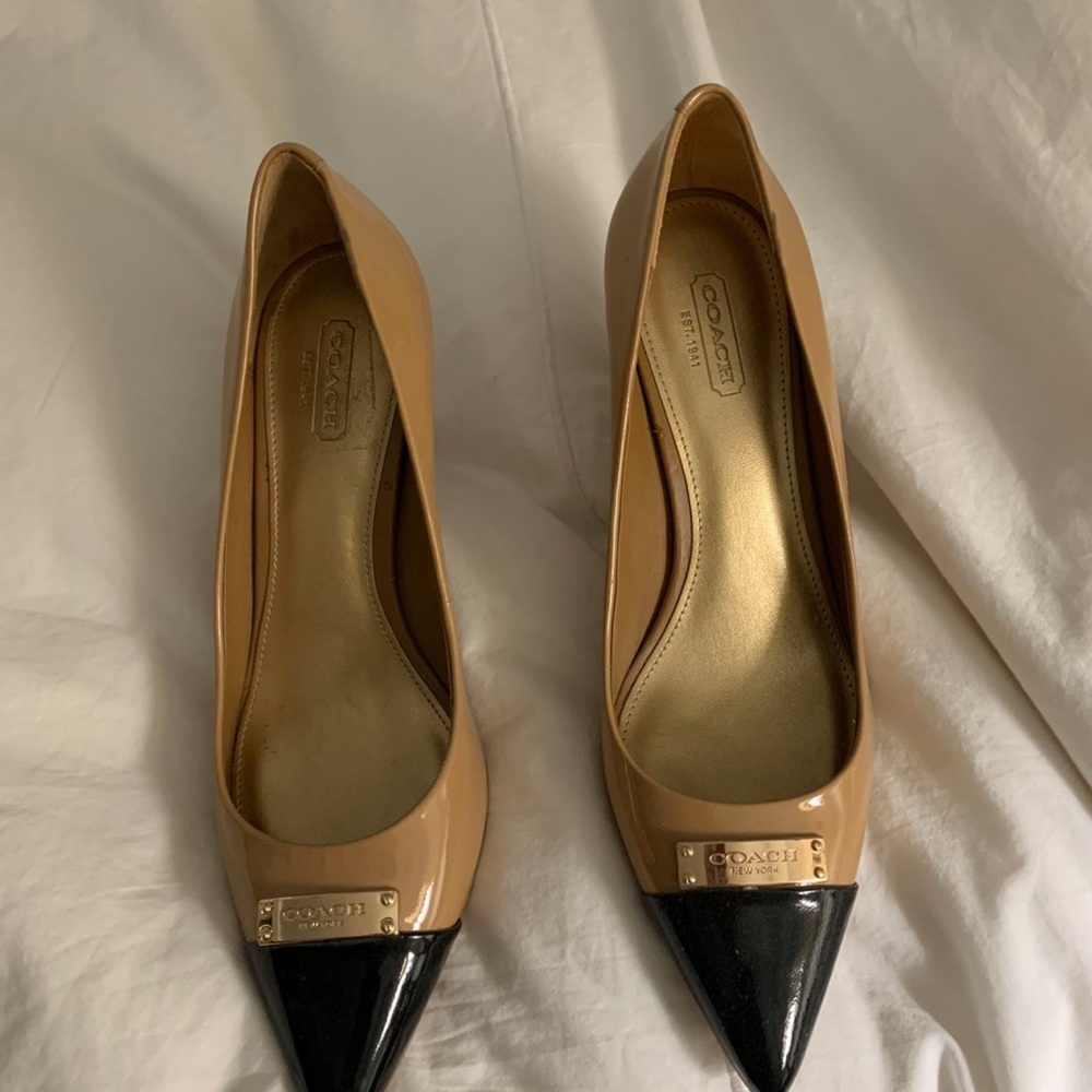 Coach Beige and Black Patent Leather Heels
